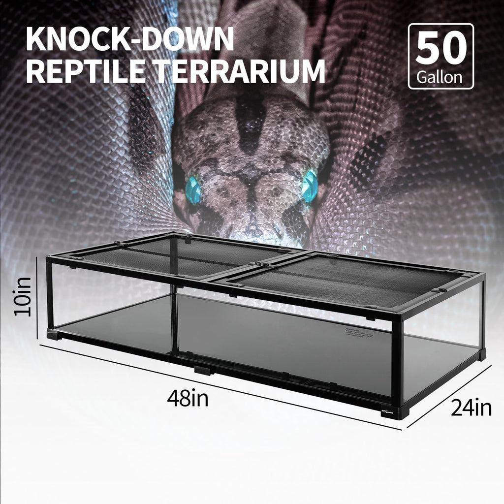 REPTIZOO 50 Gallon Glass Reptile Tank 48" x 24" x 10" Wide & Low Reptile Terrarium