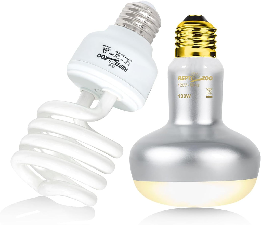 REPTIZOO Reptile Heat Lamp Bulb and UVB 10.0 Reptile Light Combo Pack, 100W Intense Basking Spot Light UVA Heat Lamp Bulb, 26W Energy Saving UVA UVB Bulb Spiral Compact Bulb