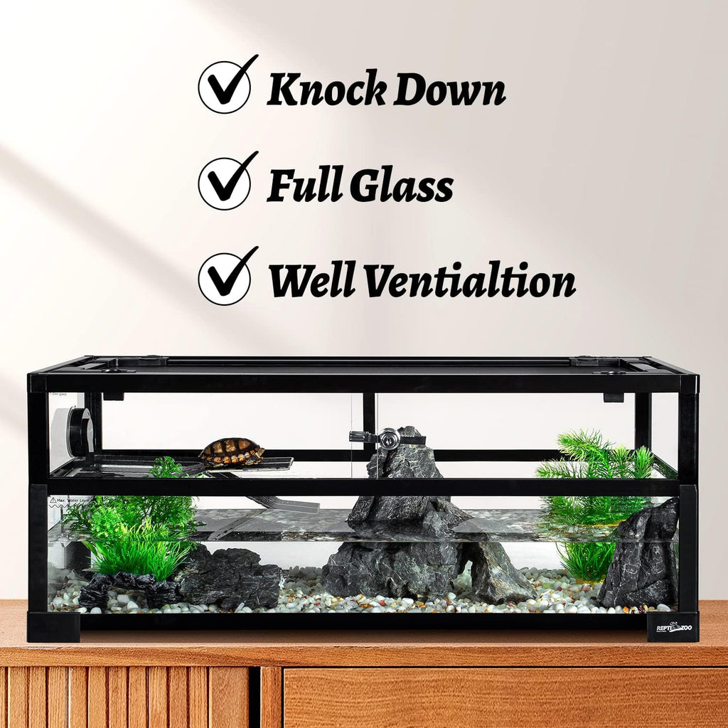 Turtle Tank Aquarium, 30"×12"×12" Water-Land Ecological Tortoise Tank Kit with Drainage System