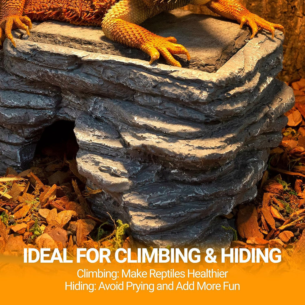 REPTI ZOO Reptile Hide Cave with Heat Storage Basking Platform