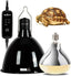 Reptile heat lamp set with timer, dome fixture, bulb, and a tortoise on white background