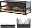 Glass reptile terrarium with sliding doors, top ventilation, and interior decorations