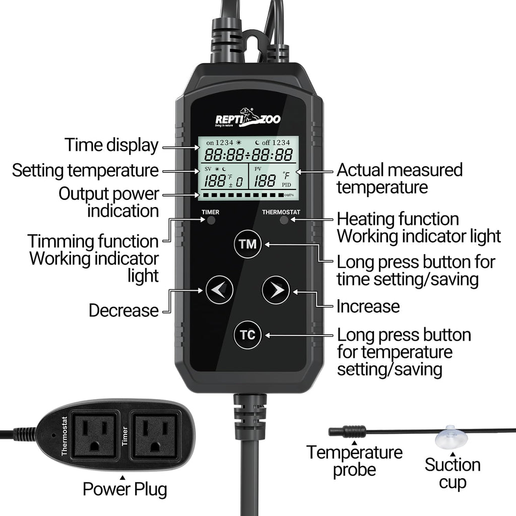 REPTIZOO Timing Thermostat 2 in 1 PID Temperature Controller with Timer