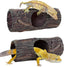 Reptile geckos on and inside a realistic hollow log hideout for terrariums