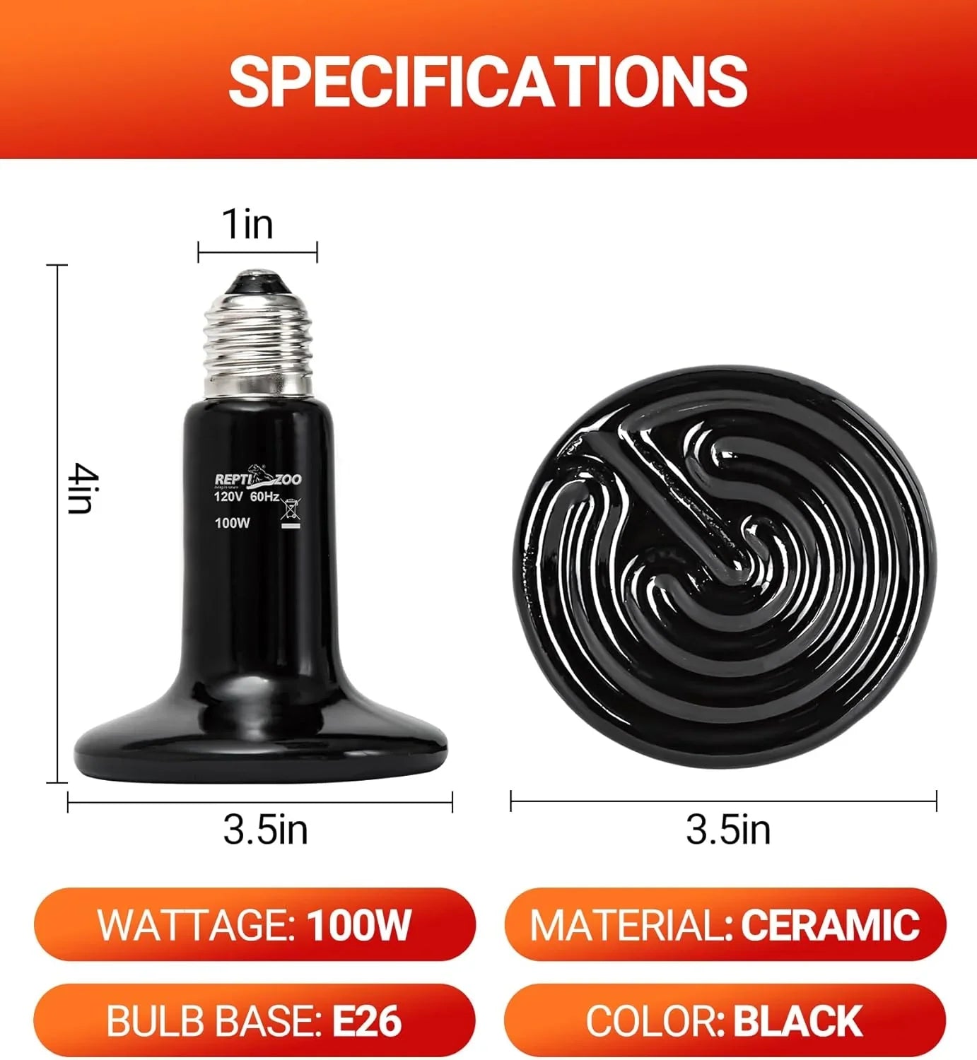 FENTERXY 100W 110V Ceramic Heat Lamp For Reptiles - Infrared Heat Emitter, E27 Socket, No Light