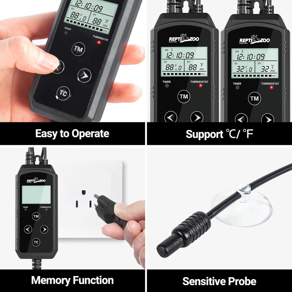 REPTIZOO Timing Thermostat 2 in 1 PID Temperature Controller with Timer