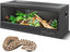 Glass reptile terrarium with plants, decor, and a snake, ideal for snakes or reptiles.