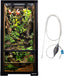 Glass reptile terrarium with lush plants and cleaning siphon tube, vertical vivarium setup
