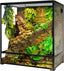 Glass reptile terrarium with naturalistic plants, cork bark, and a green lizard inside.