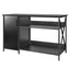 Black metal reptile terrarium stand with storage cabinet and open shelves.