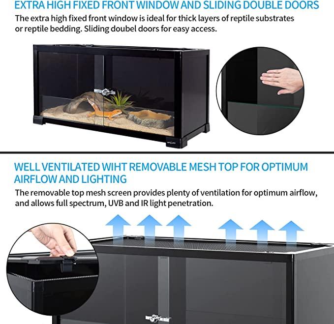 REPTI ZOO Full Glass 15 Gallon Reptile Terrarium, Black-Tinted ECO-Terrarium to Reduce Stress for Gecko Hermit Crab Top Ventilation & Anti Escape Lid - REPTI ZOO