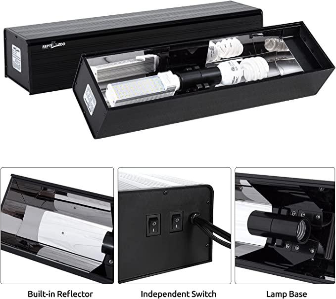 REPTIZOO 13W Reptile LED & UVB Terrarium Hood Lighting Fixture Combo Pack Includes and Full Spectrum LED Light Bulb Paludarium Lighting Fixture - REPTI ZOO
