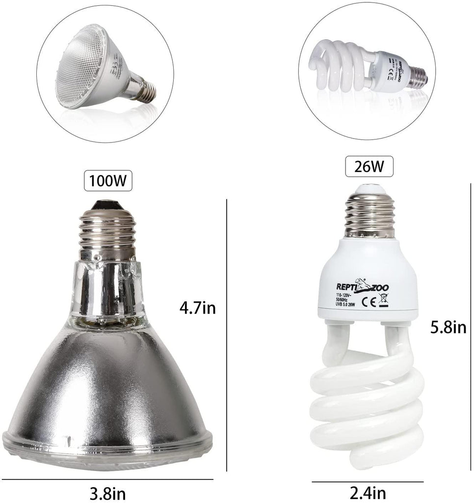 REPTIZOO Dual Reptile Lamp Fixture with 100W UVA Basking Spot Heat Lamp and 26W UVB 5.0 Energy Saving Bulb - REPTI ZOO