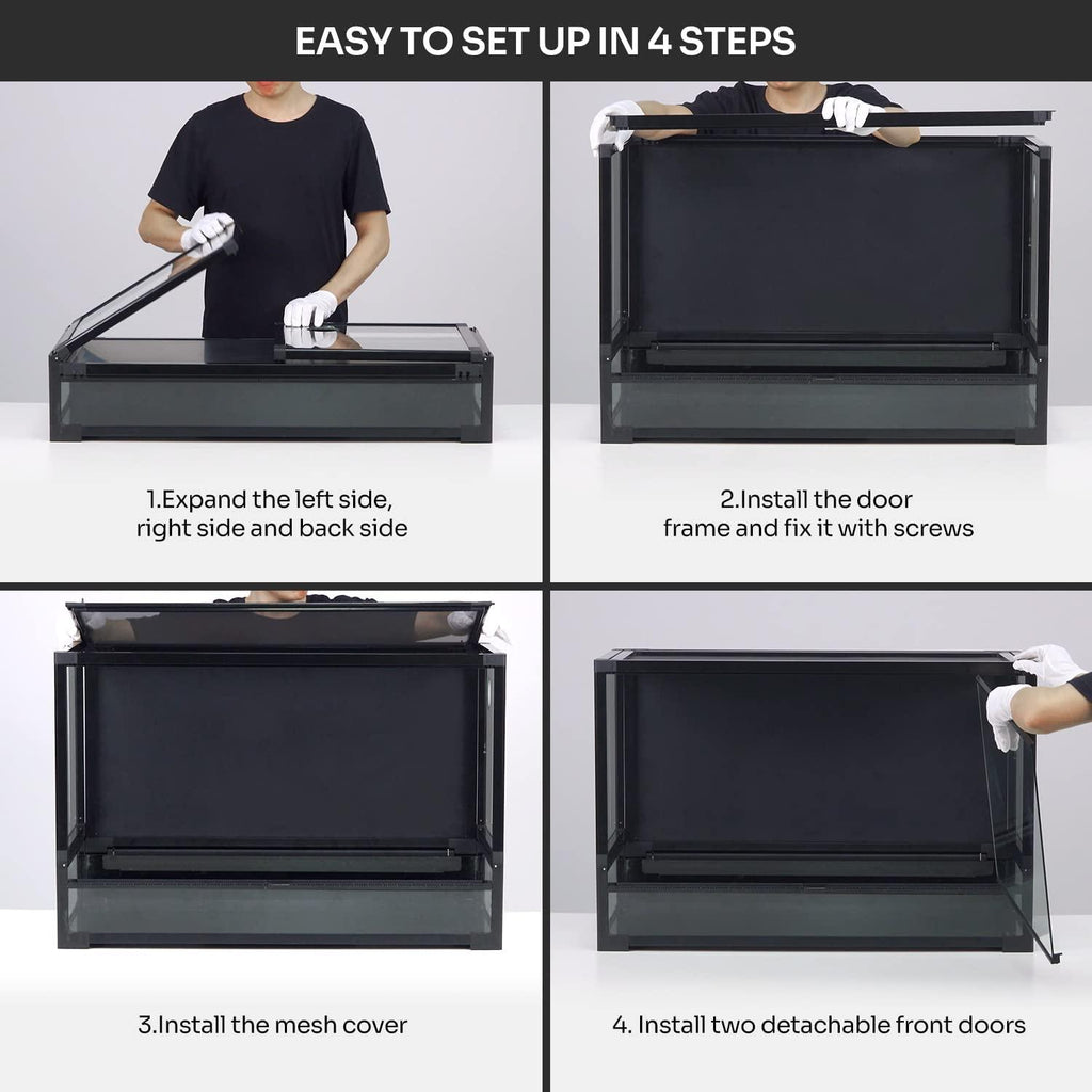 REPTI ZOO 50 Gallon Tempered Glass Reptile Large Terrarium Tank with Black PVC Back Panel Reptile Terrarium 36"x18"x18" Easy Folding NRK0114 - REPTI ZOO