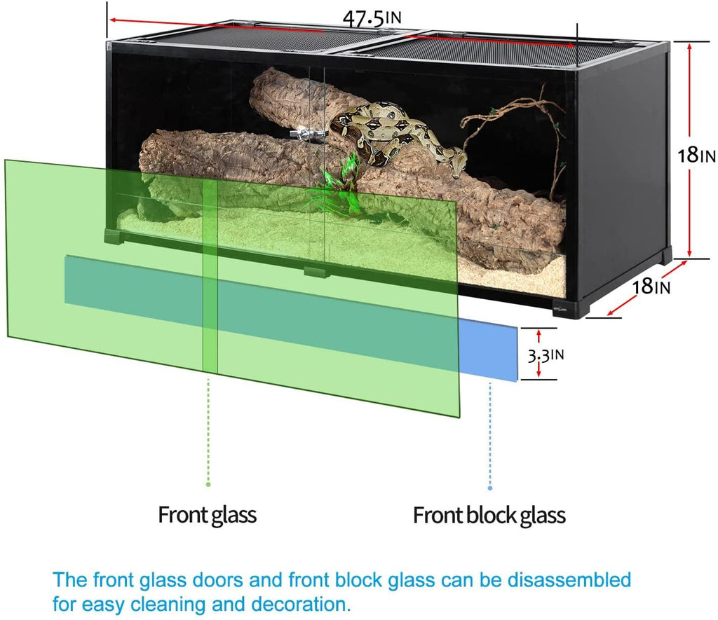 Full Tempered Glass 64 Gallon Reptile Terrarium 48" X 18" X 18", Black-Tinted ECO-Terrarium to Reduce Stress RKF0315B - REPTI ZOO