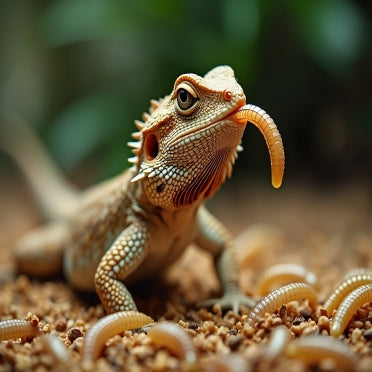 Bearded dragon eating mealworm in a reptile terrarium with natural substrate