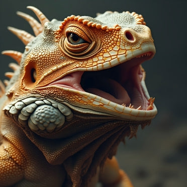 Bearded dragon with open mouth showing scales and spikes in a reptile habitat