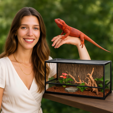 Woman holding a red bearded dragon beside a reptile terrarium with plants and branches