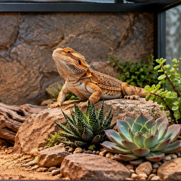 Bearded dragon in a naturalistic terrarium with live plants, an open floor and a clear basking area  Copy Alt