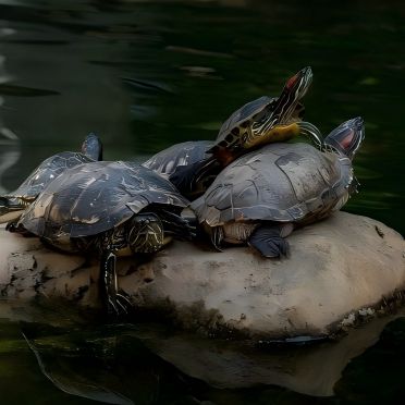 Three red-eared sliders basking on a rock in a pond, aquatic turtles with green shells.