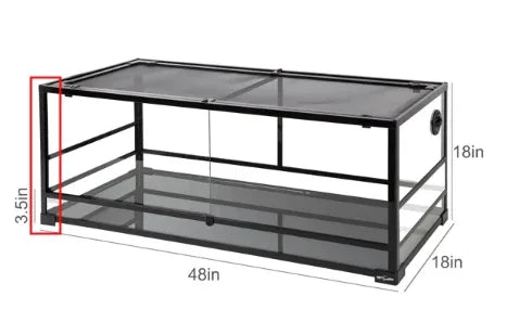 Large glass reptile terrarium cage with mesh top, measuring 48x18x18 inches and 3.5 inch base.