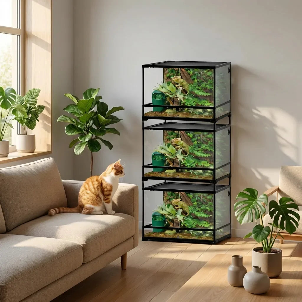 Stacked reptile terrariums with plants in a modern living room, cat on sofa nearby, natural light