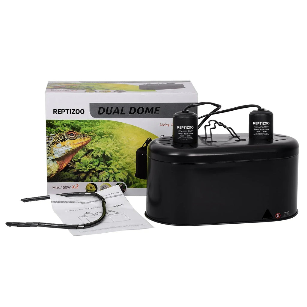 Dual dome reptile lamp fixture with black housing, box packaging, and accessories