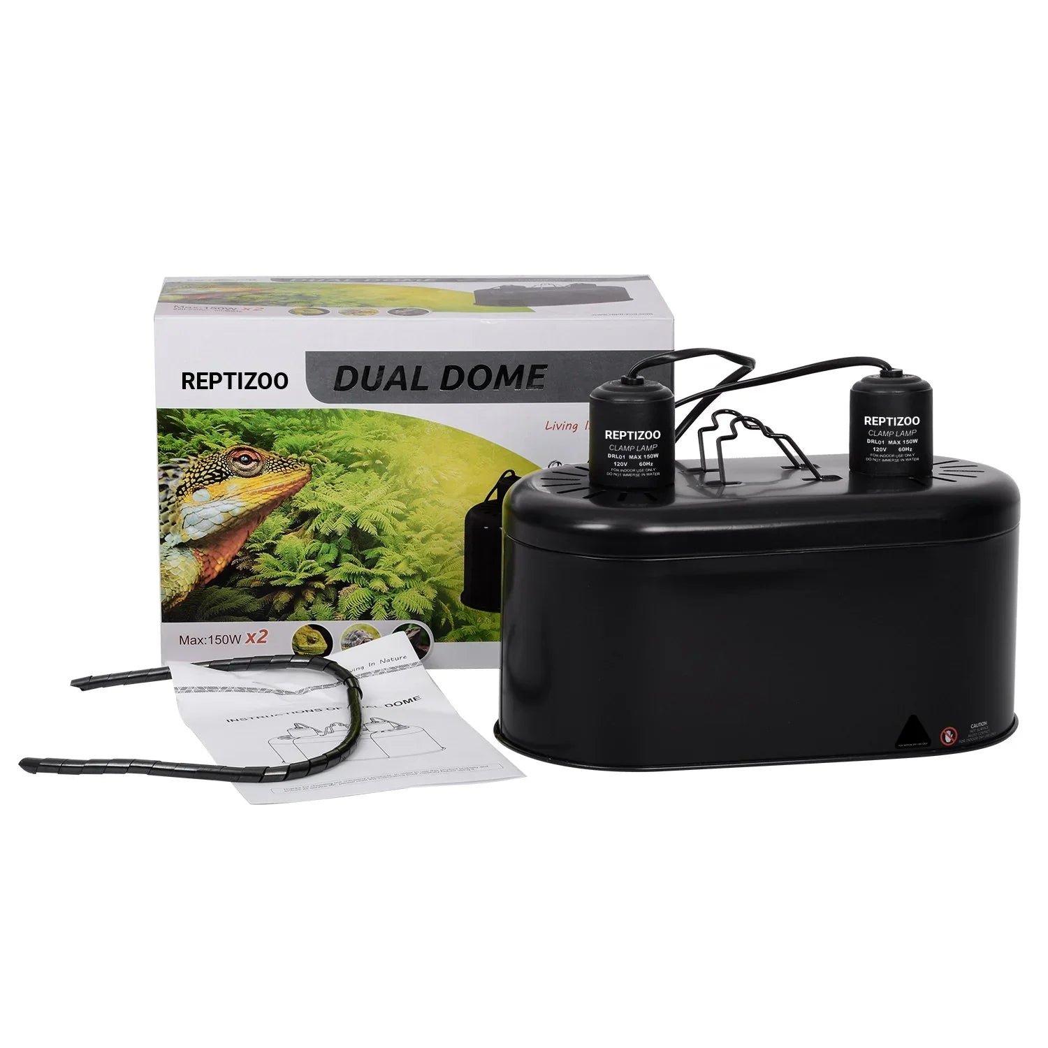 Dual dome reptile lamp fixture with black housing, box packaging, and accessories
