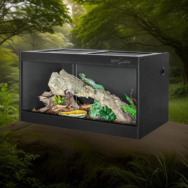 120 gallon PVC reptile enclosure with glass front, branches and plants for terrarium habitat