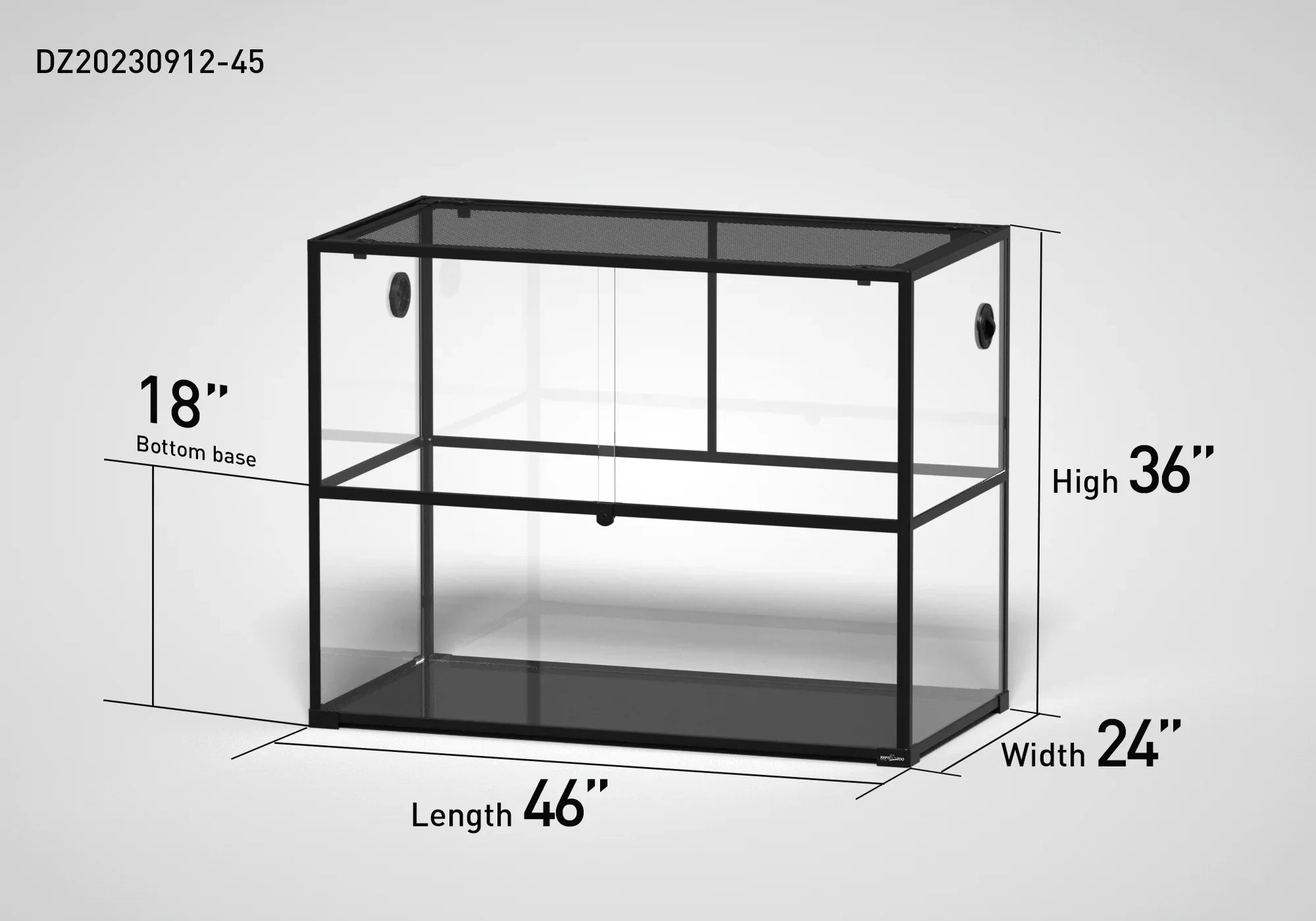 Large glass reptile terrarium with sliding doors, mesh top, and dimensions 46x24x36 inches.
