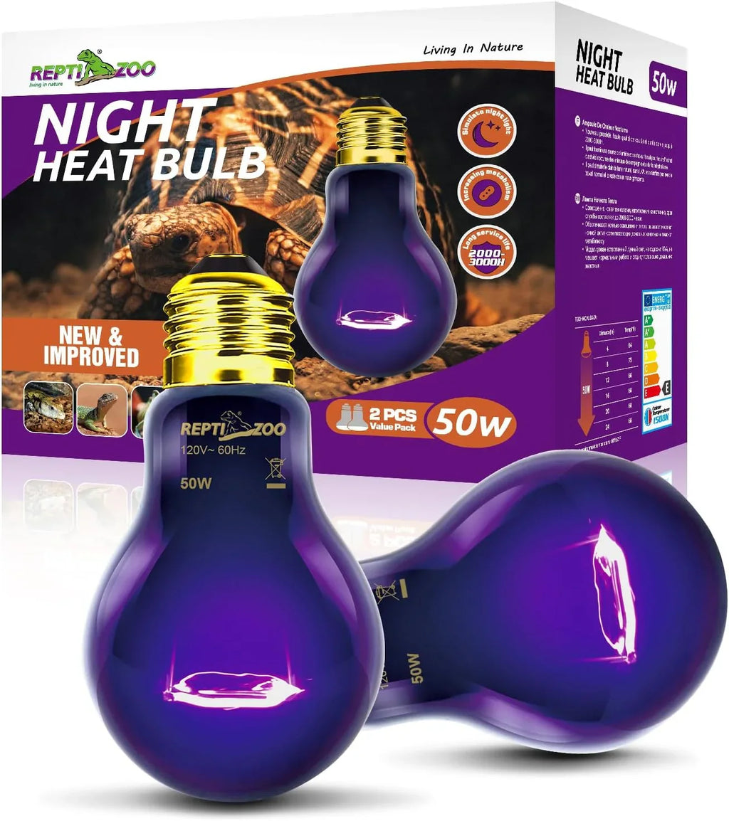 Night heat bulb 50W for reptile terrarium, two purple bulbs with packaging and tortoise image