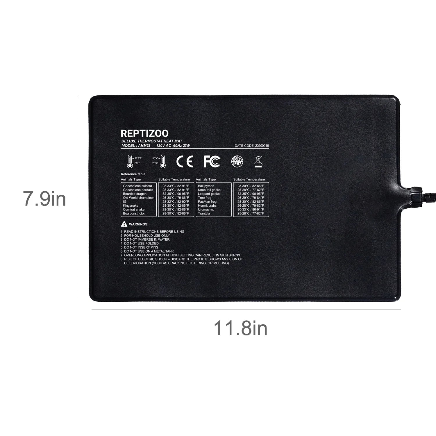 Reptile thermostat heat mat with temperature guide, 11.8 x 7.9 inches, for terrariums.