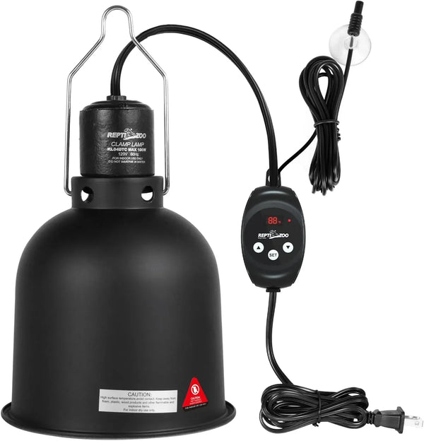 Black reptile heat lamp with digital thermostat control, clamp fixture, and power cord