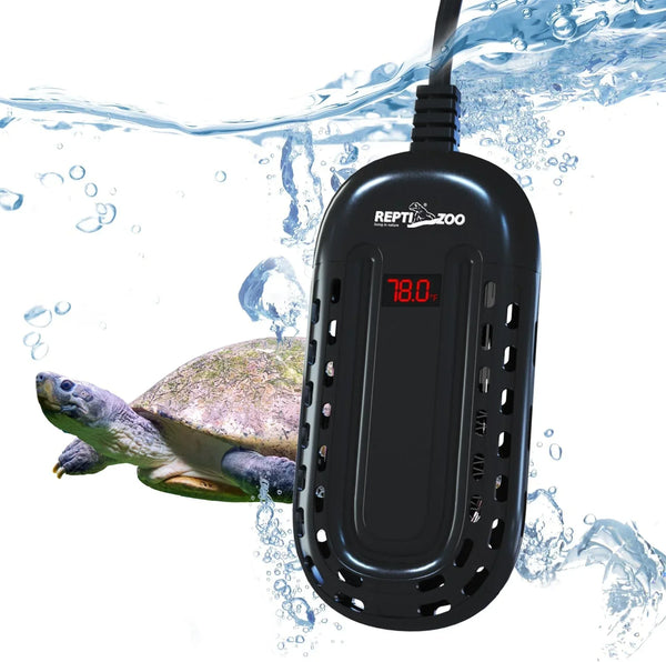 Submersible aquarium heater with digital display showing 78.0°F, next to a turtle underwater.
