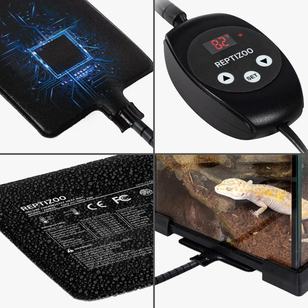 Digital reptile heating pad with thermostat controller for terrariums, shown with gecko.