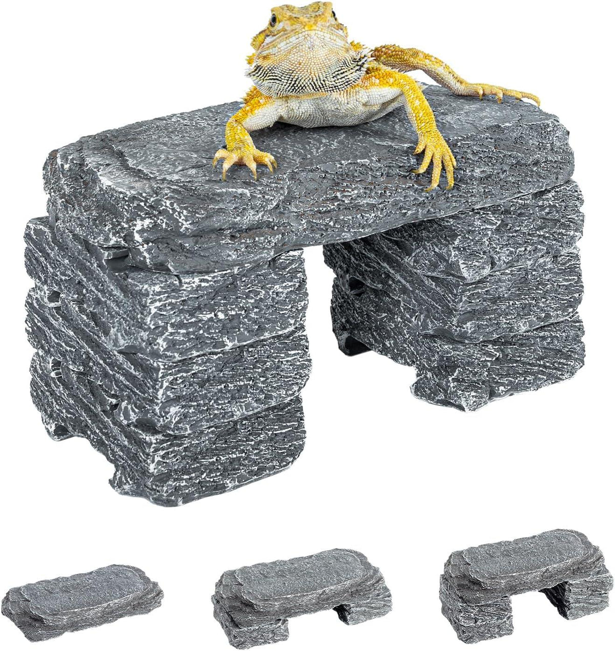 Bearded dragon on stacked resin rock hideout, reptile basking platform for terrarium Main image