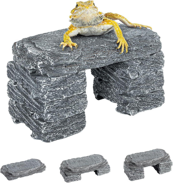 Bearded dragon on stacked resin rock hideout, reptile basking platform for terrarium