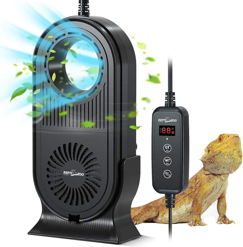 Reptile terrarium fan with digital controller, airflow, and bearded dragon next to device