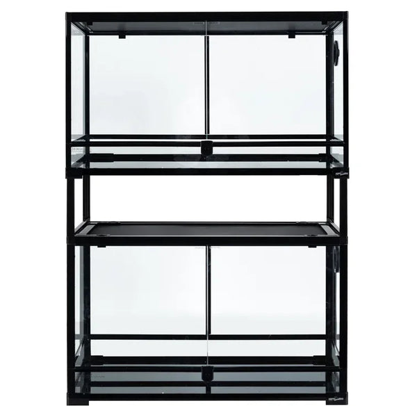 Stacked glass reptile terrarium cages with sliding doors, ideal for reptile habitats