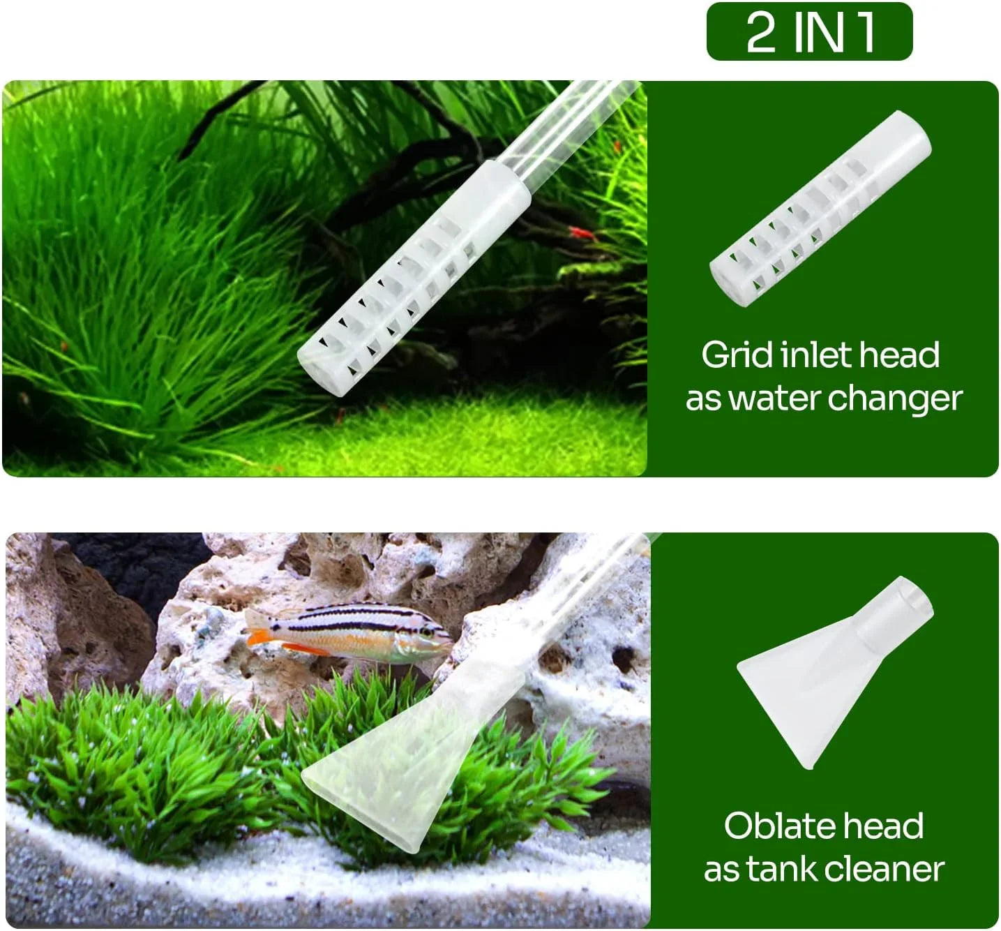 2-in-1 aquarium cleaning tool with grid inlet head for water changing and oblate head for tank cleaning