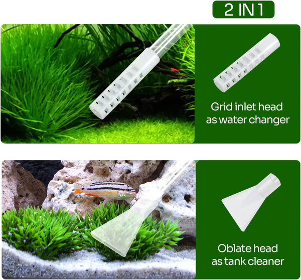 2-in-1 aquarium cleaning tool with grid inlet head for water changing and oblate head for tank cleaning
