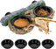 Gecko eating from dual reptile food and water feeder bowl set with decorative base and extra dishes.