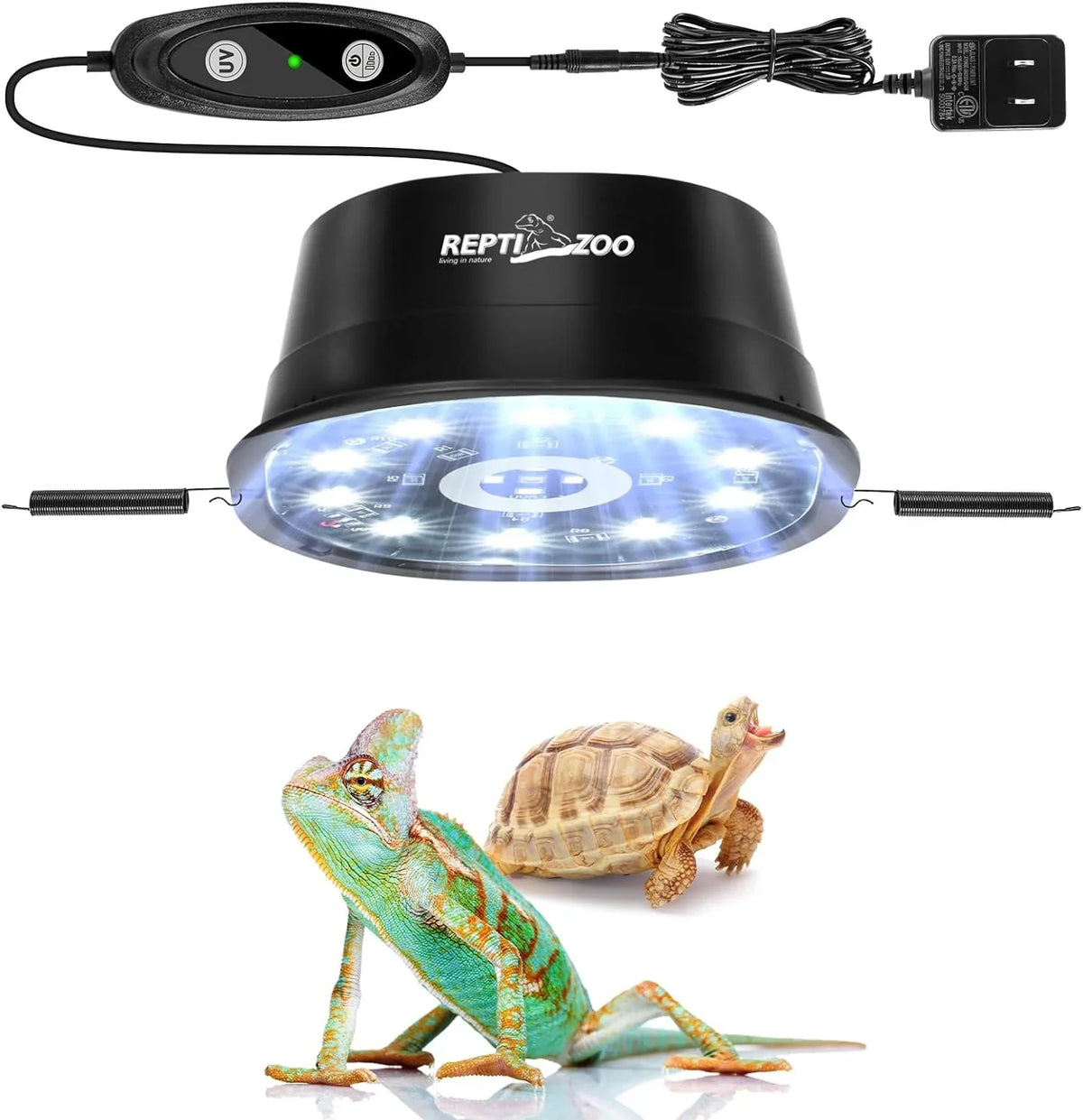 UVB reptile heat lamp with control switch, chameleon and tortoise underneath Main image