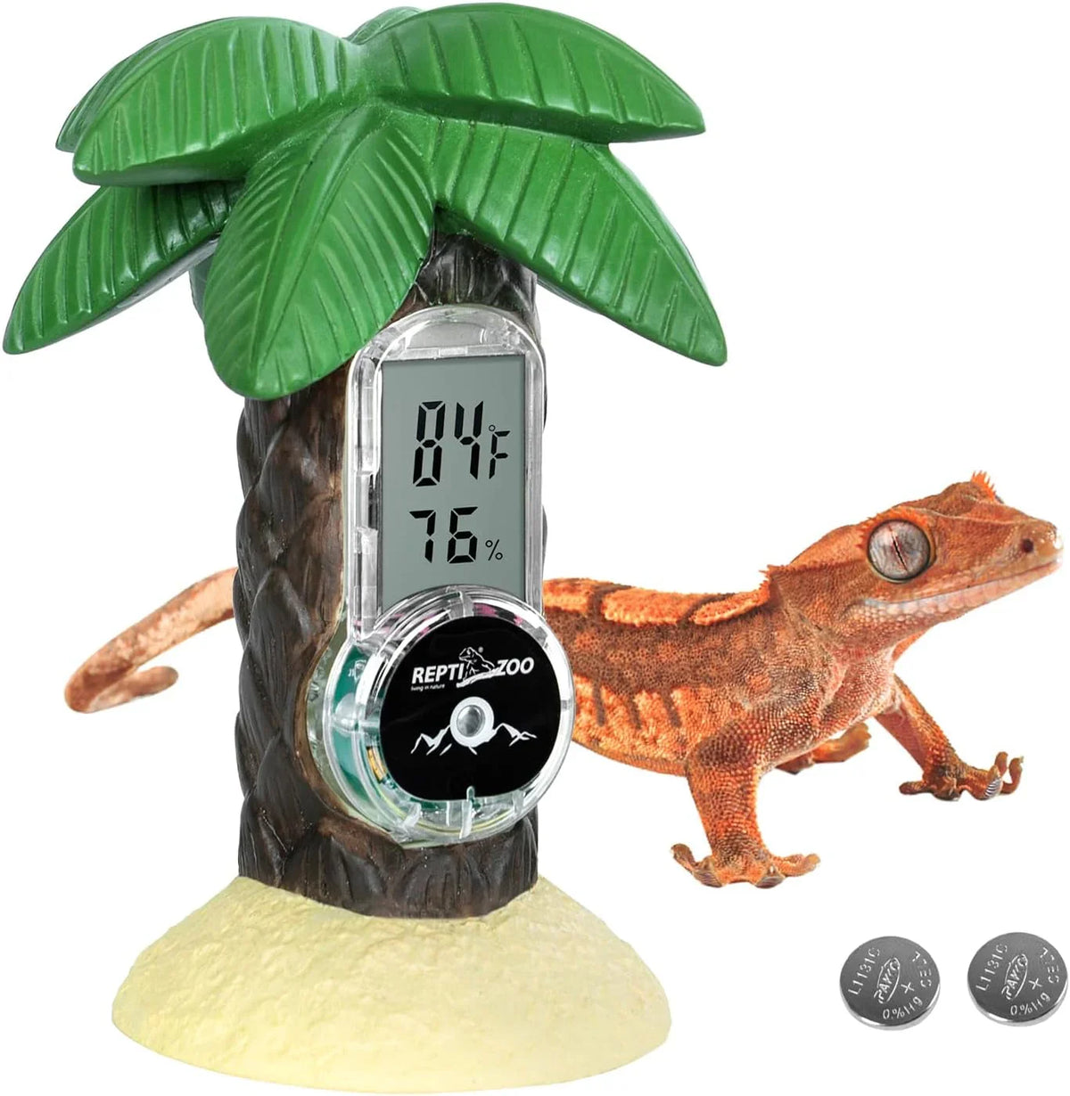 Digital reptile terrarium thermometer hygrometer in palm tree shape with gecko and batteries Main image
