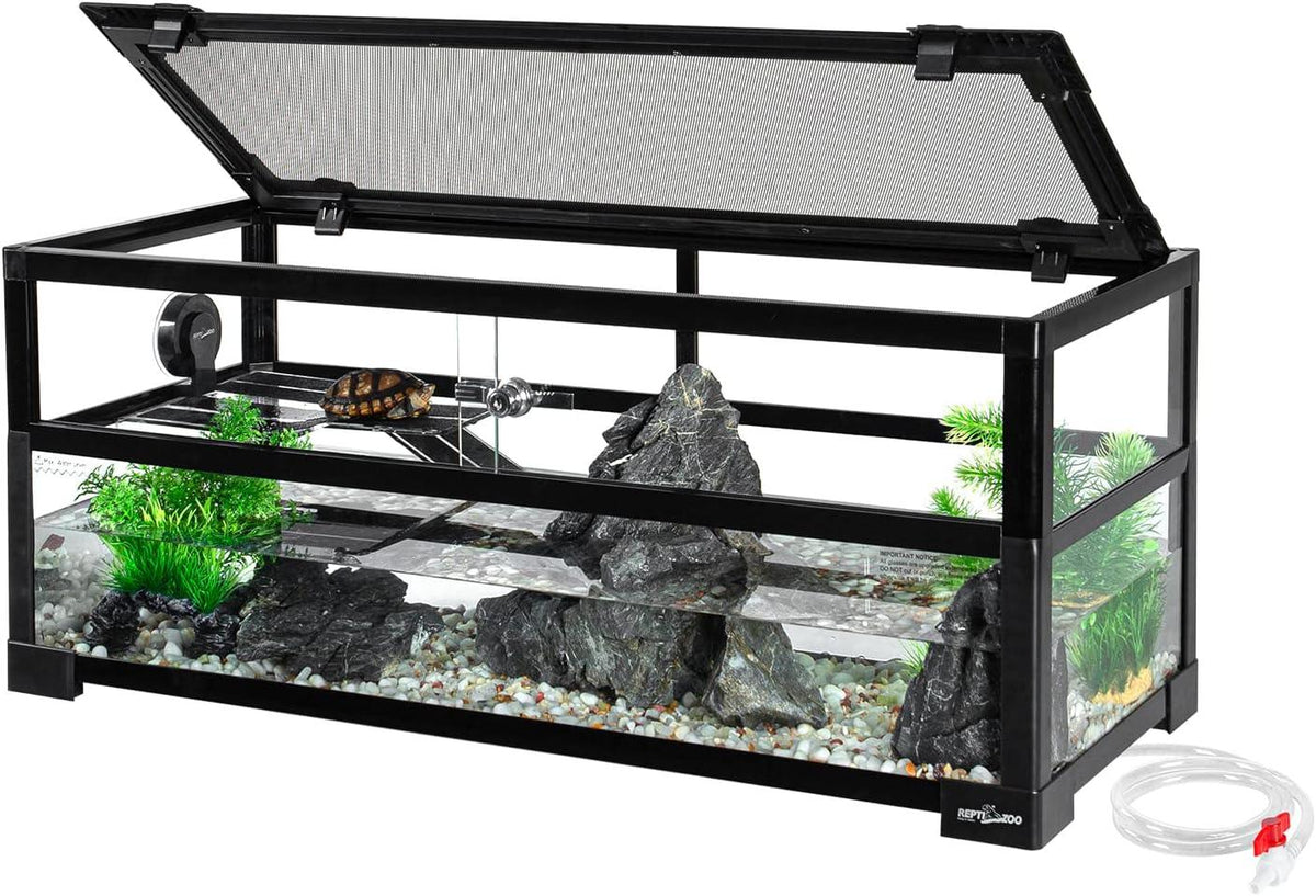 Glass reptile terrarium with mesh lid, rocks, plants, basking platform, and water area for turtles Main image
