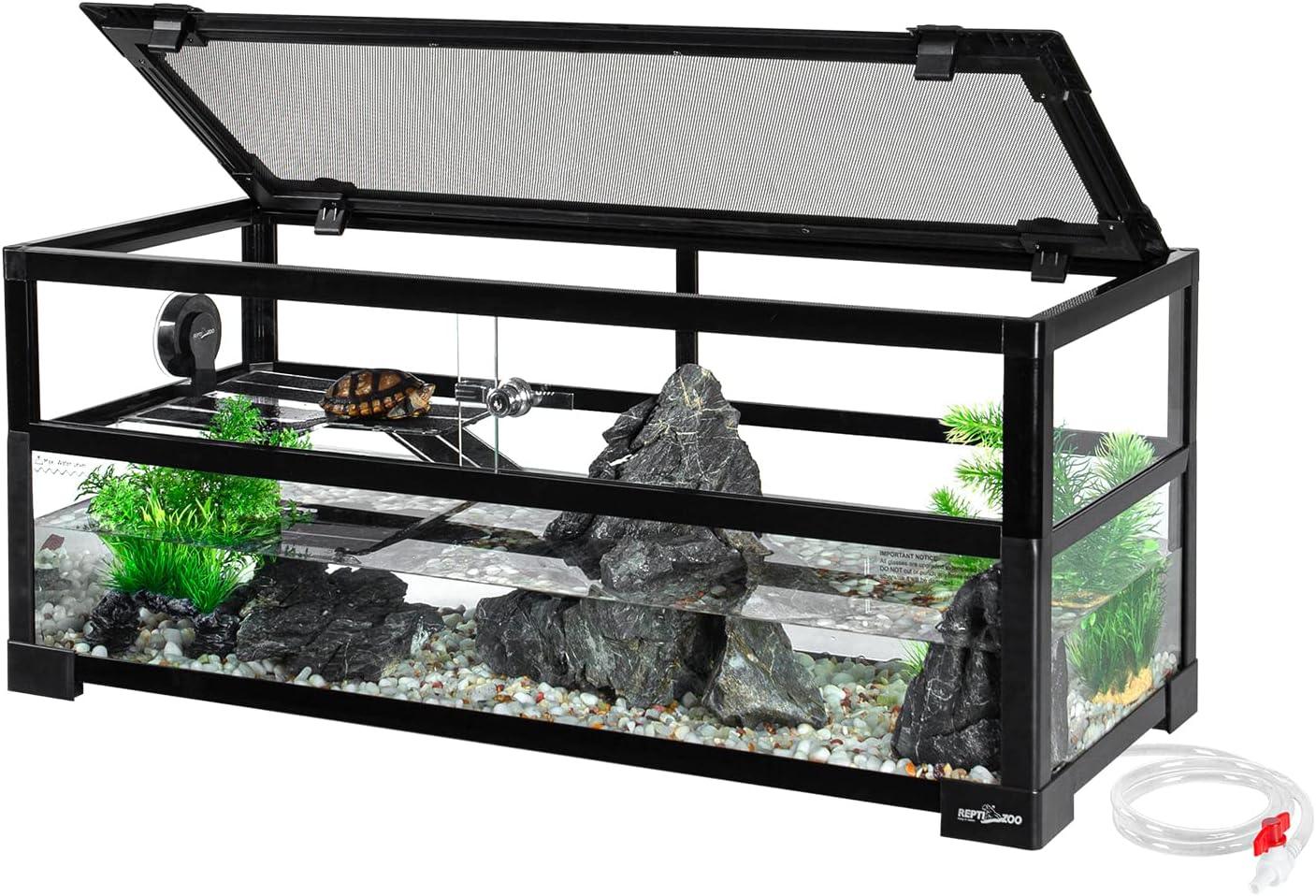 Glass reptile terrarium with mesh lid, rocks, plants, basking platform, and water area for turtles