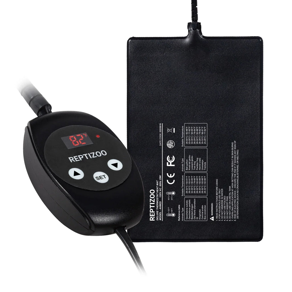 Reptile heating pad with digital thermostat controller displaying 82°F