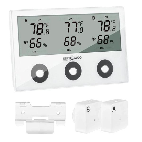 Digital reptile terrarium thermometer and hygrometer with dual sensors and wall mount