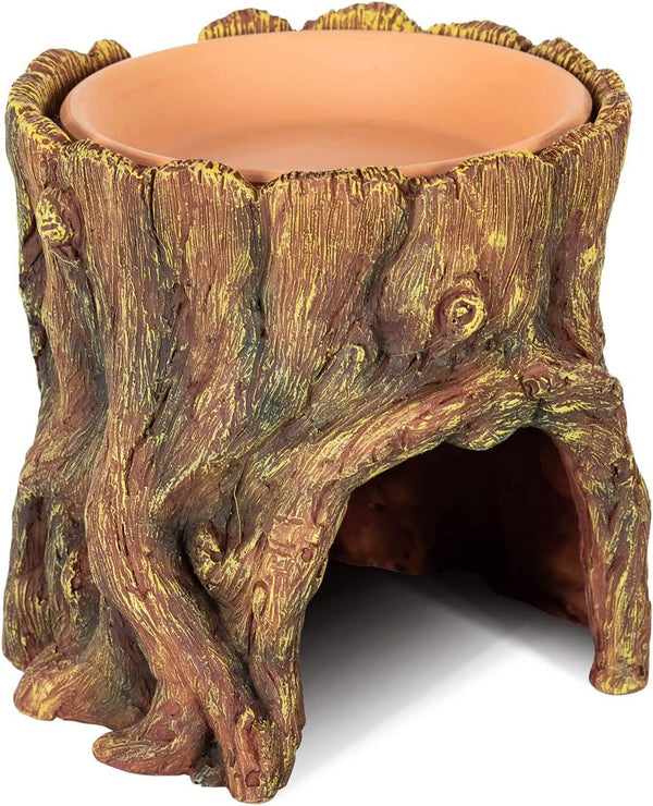 Tree stump reptile water dish with hideout for terrarium or reptile cage