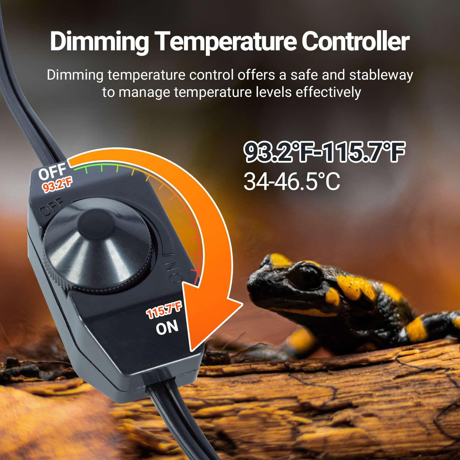 Reptile terrarium dimming temperature controller with adjustable dial, salamander nearby, temp range 93.2-115.7°F.